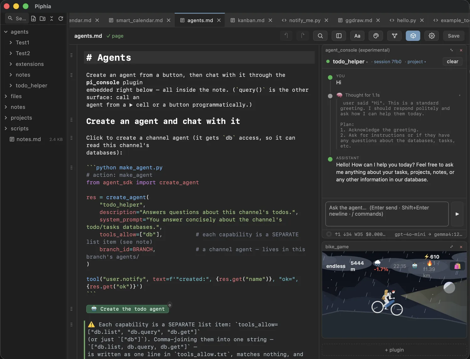 A note with its agent chat and a live plugin